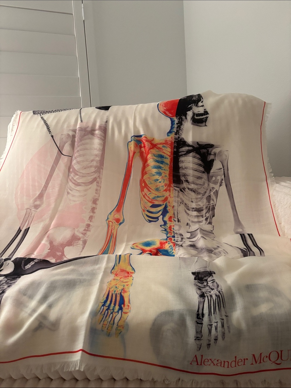 Alexander McQueen Cream Shawl with Multicolor Skeleton Motif